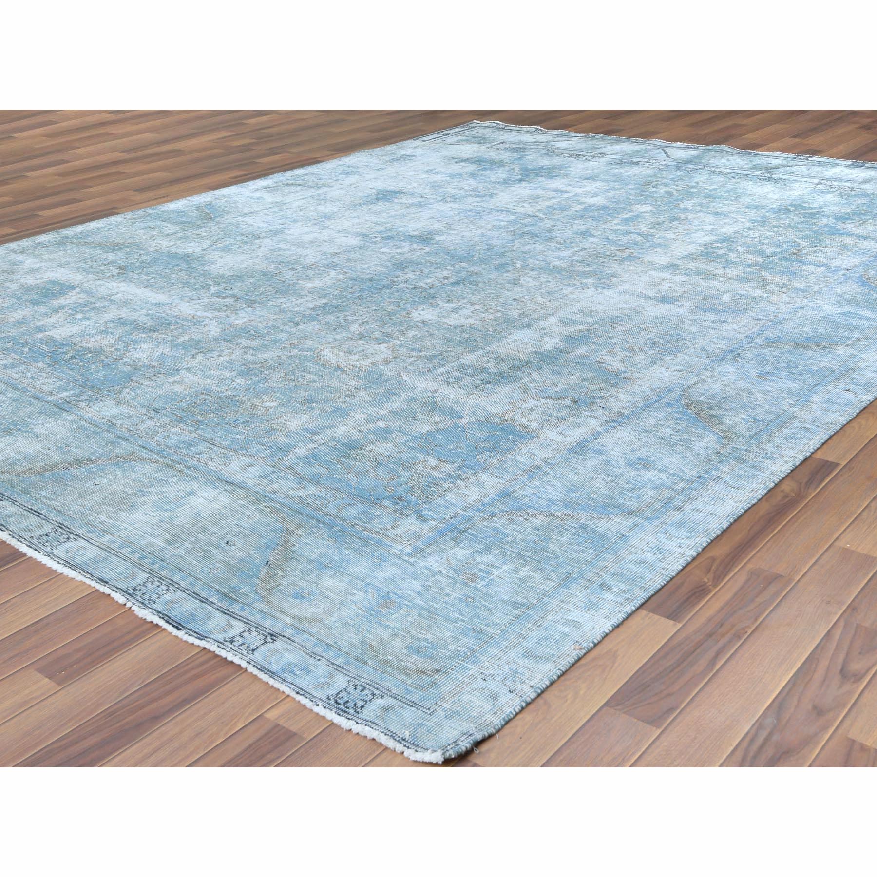 9'7"x12'4" Vintage Worn Down Persian Tabriz Sun Faded Blue Hand Knotted